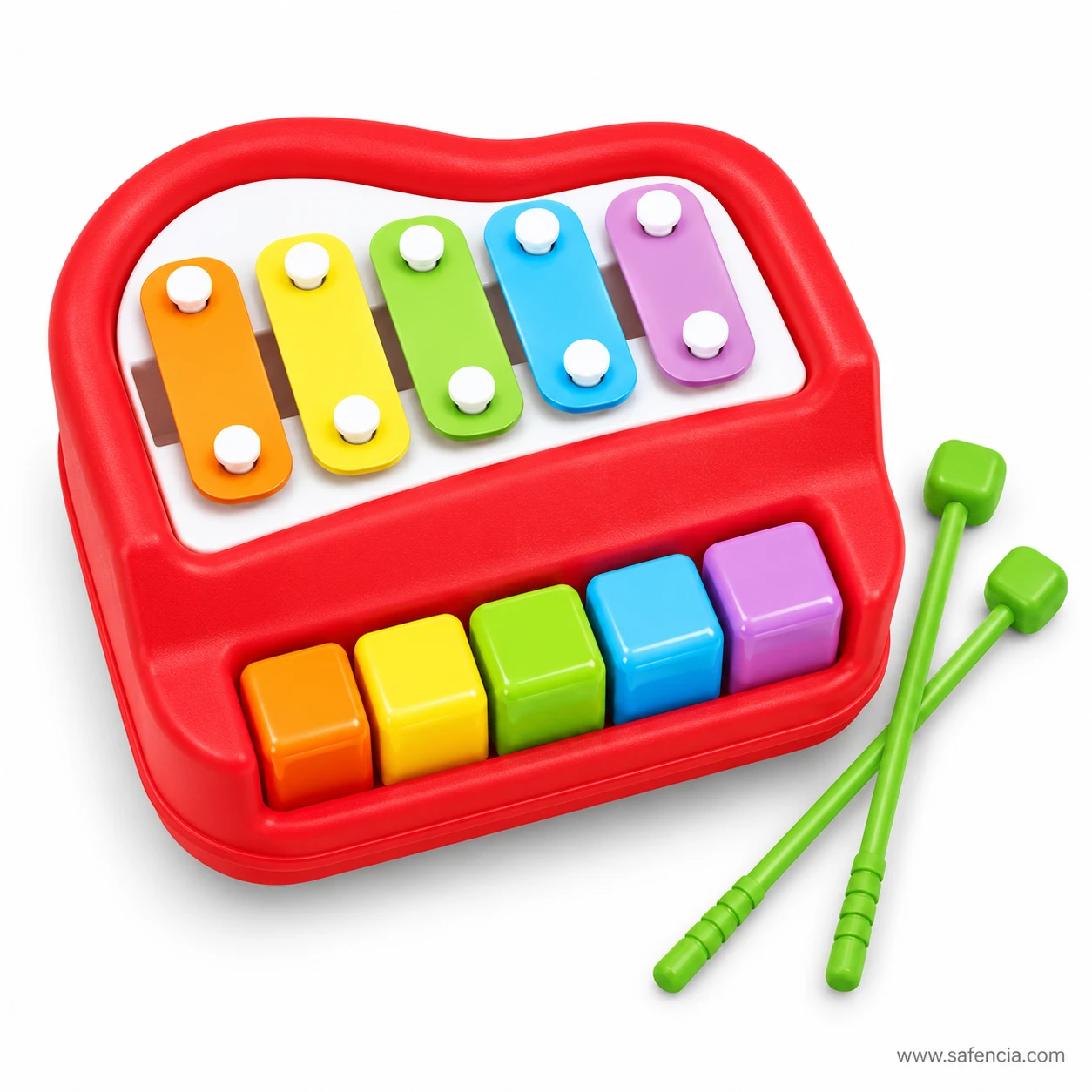 Top view of the 2 in 1 baby piano xylophone with its rounded red body and two crossed green mallets