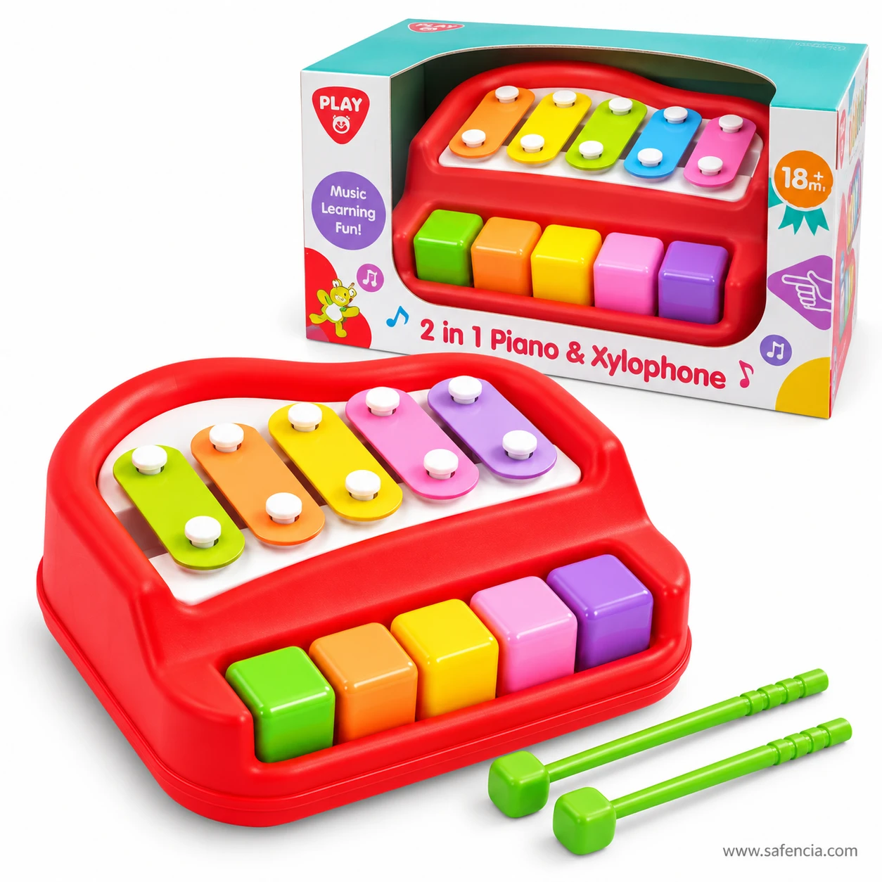 2 in 1 baby piano and xylophone toy in front of its window gift box marked for 18 months and up