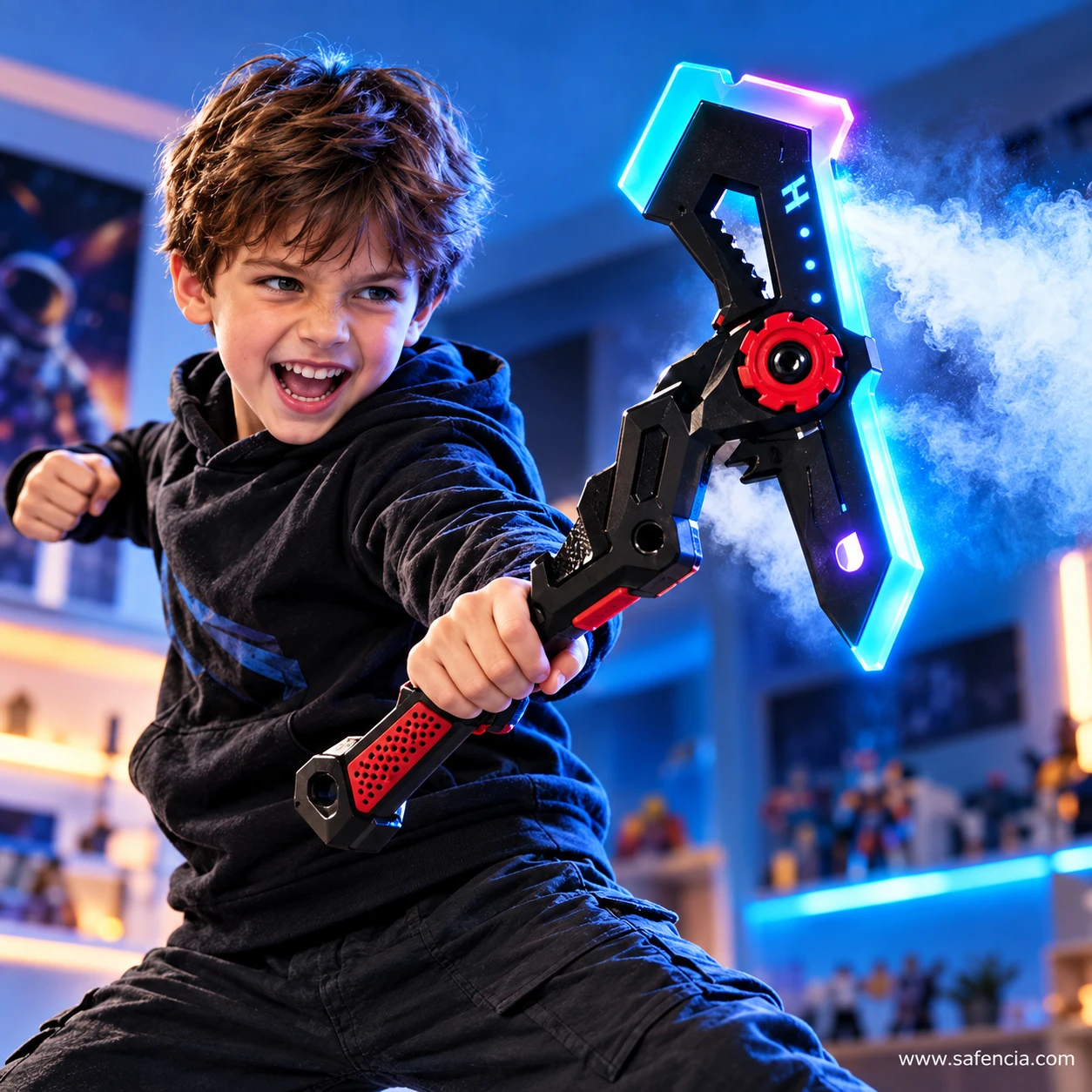 Laughing boy in a dim room swinging the red light sword axe toy as mist sprays from its glowing head
