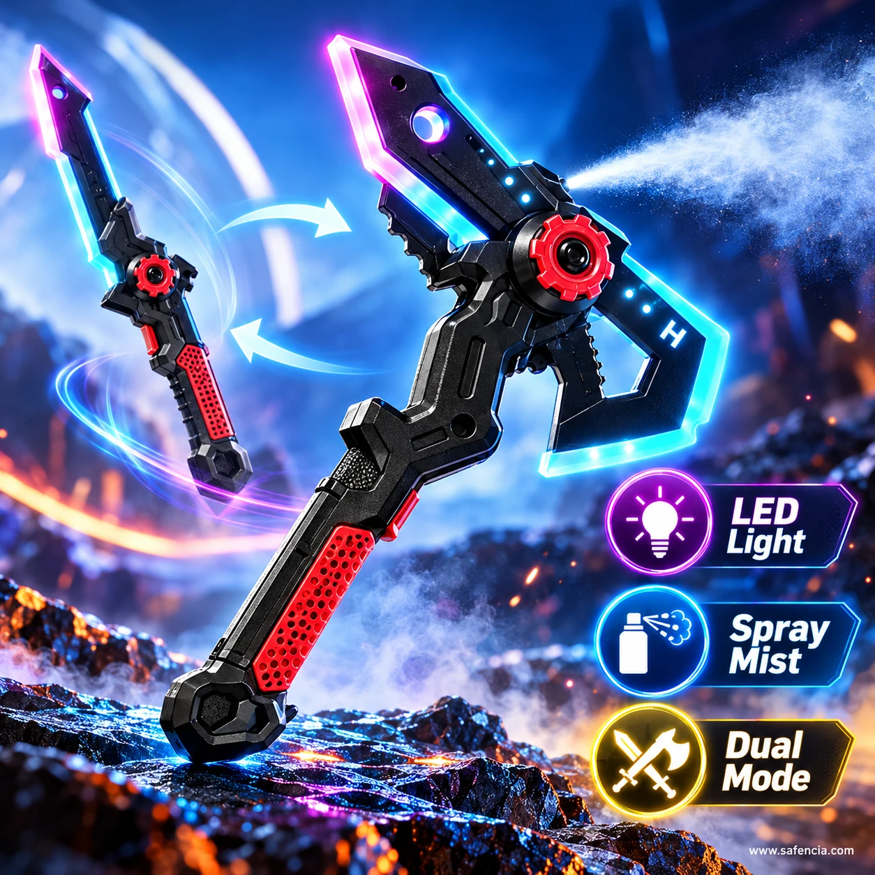 Red sword axe toy shown in both forms, a straight sword on the left and an axe spraying mist on the right