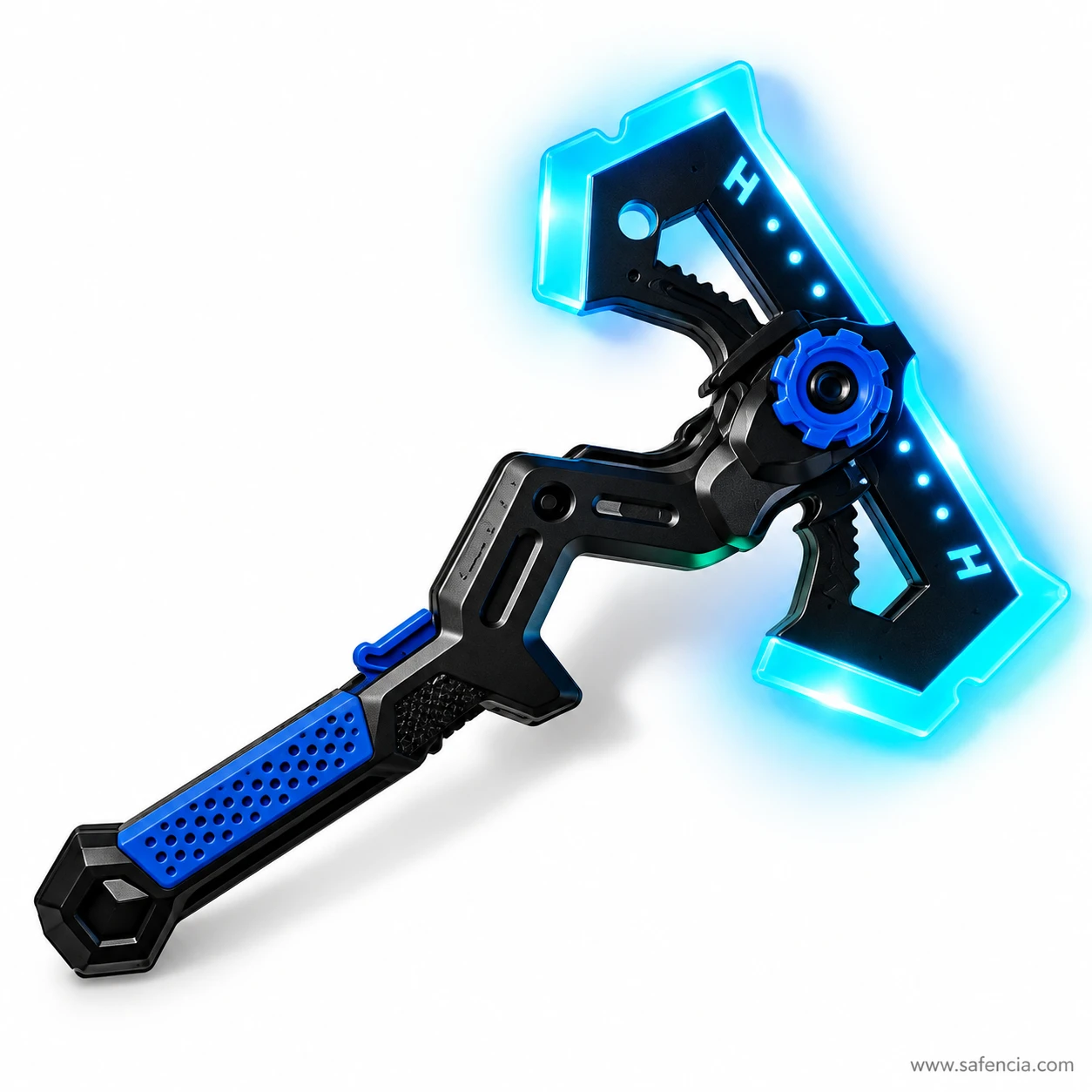 Blue sword axe toy lit bright blue along its LED edge, showing the glowing dots and two H marks on the blade