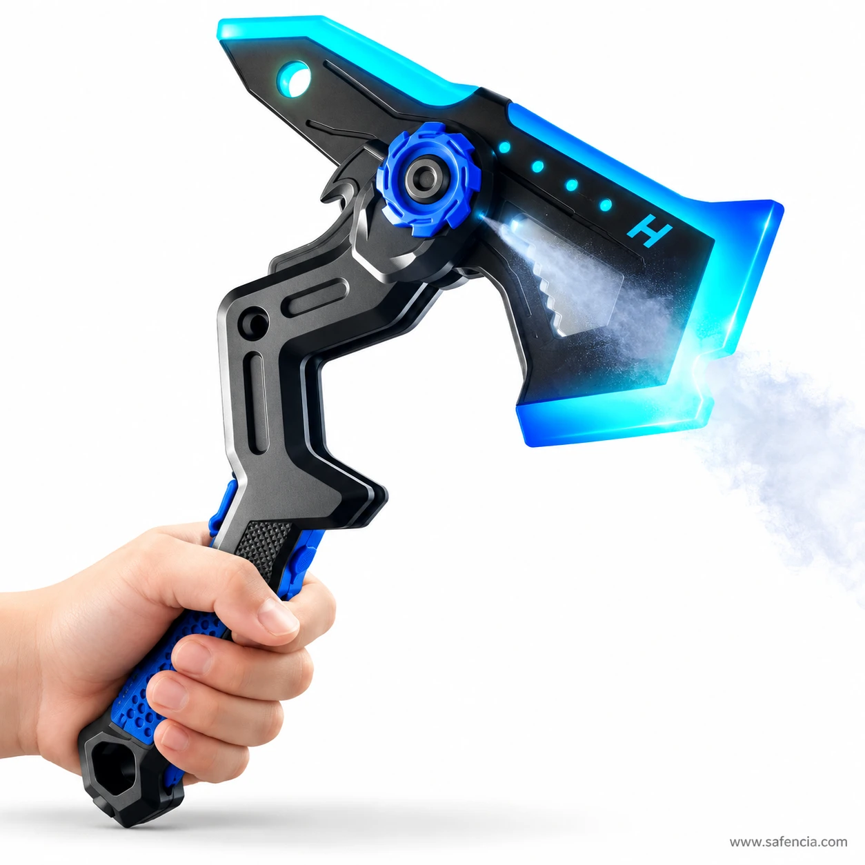 Blue sword axe toy held in a child's hand with mist spraying from the head and its LED edge glowing blue