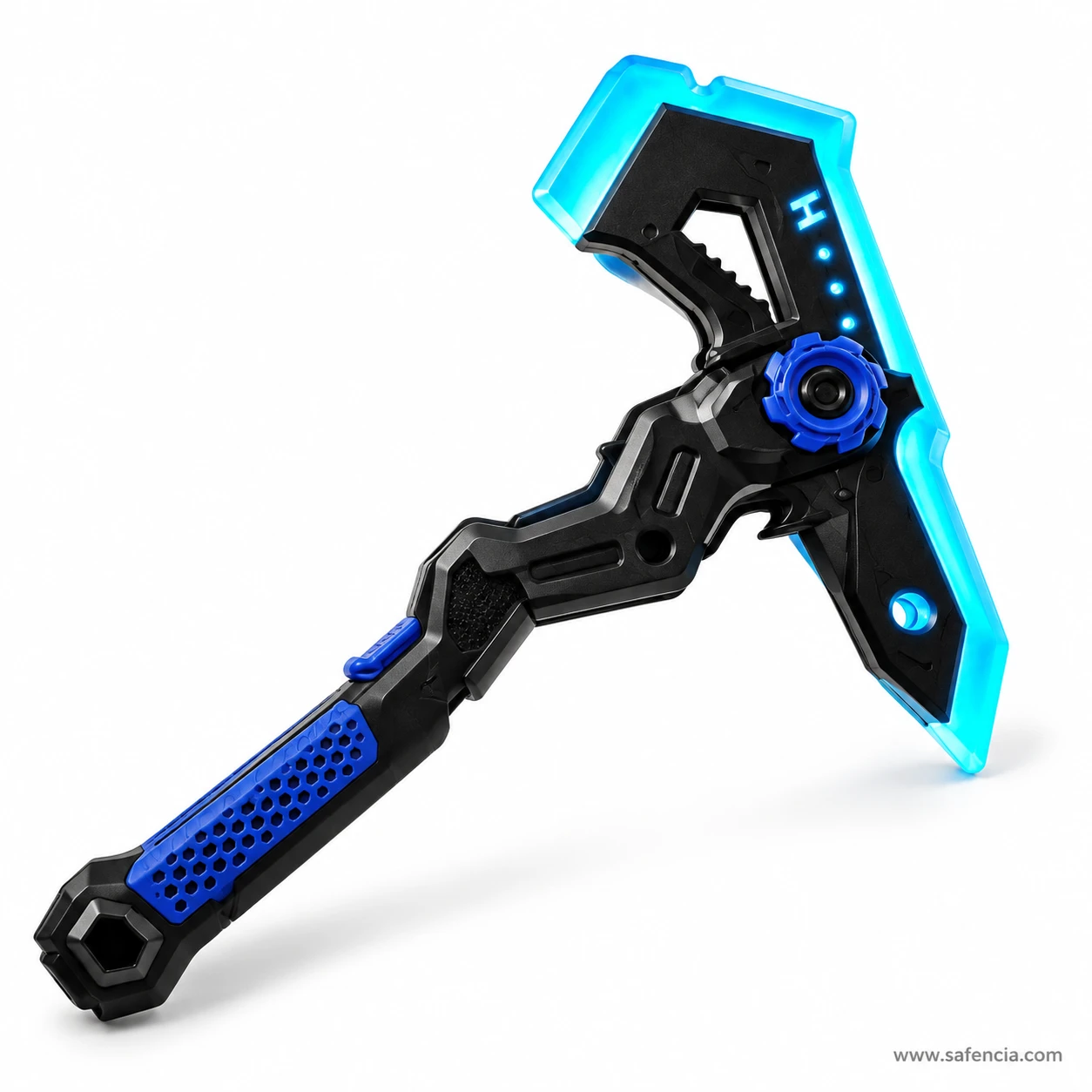 Blue version of the 2-in-1 sword axe toy with a blue grip panel and blue gear hub, its LED edge lit cyan