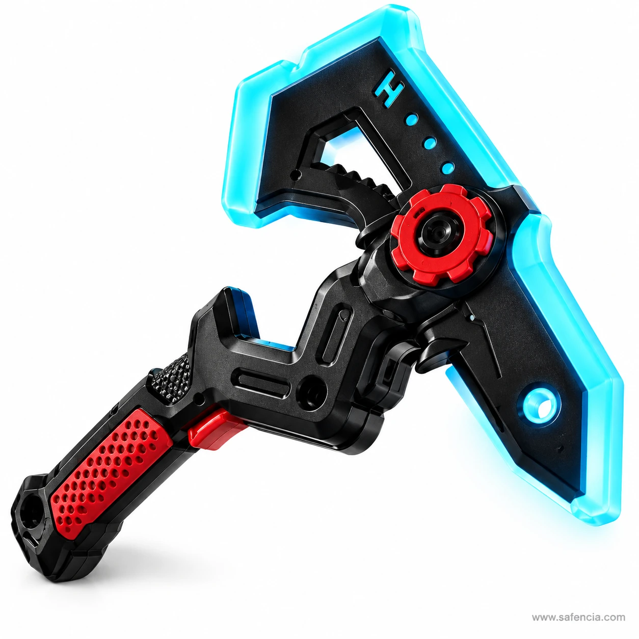 Close-up of the red sword axe toy's head, showing the red gear hub, toothed inner edge and glowing cyan LED frame