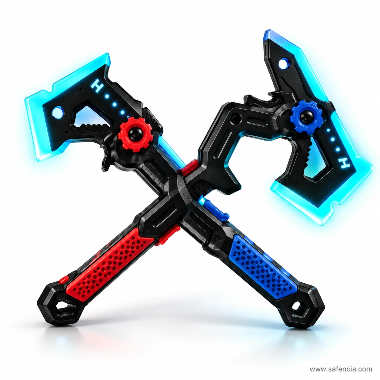 Red and blue 2-in-1 sword axe toys crossed over each other, both lit with glowing cyan LED edges