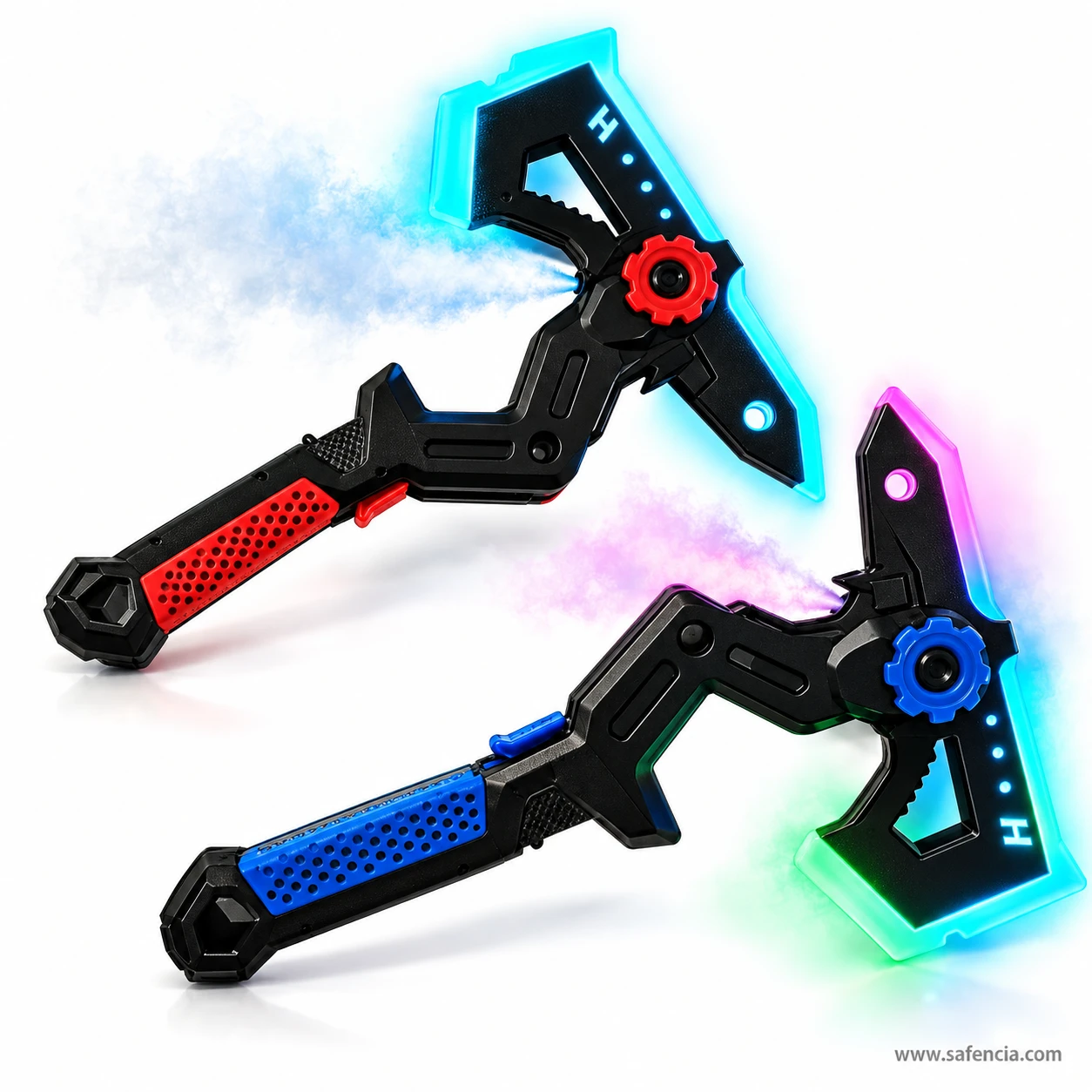 Red and blue sword axe toys spraying mist together, one edge glowing cyan and the other green and pink