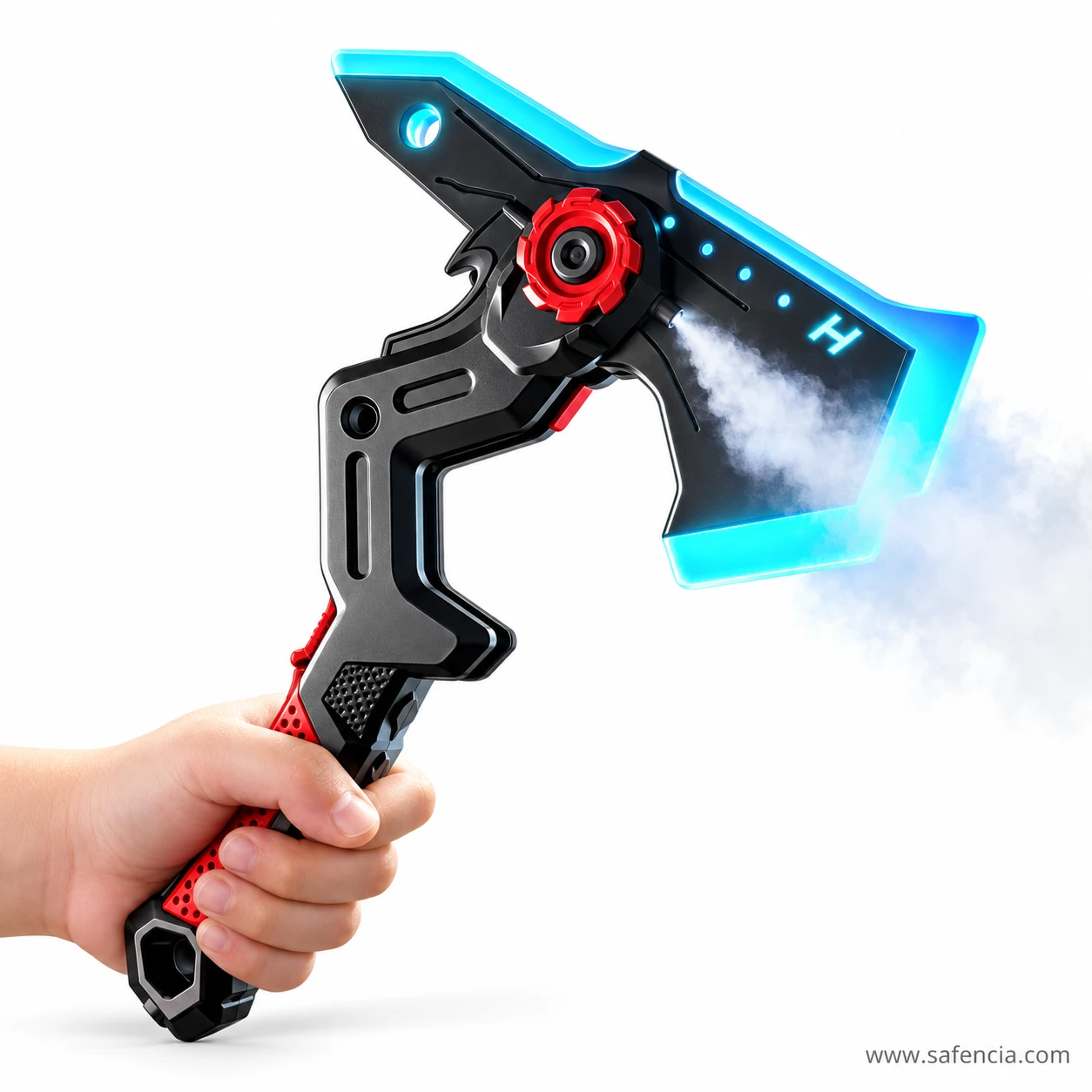 Child's hand holding the red sword axe toy as water mist sprays from a nozzle beside its red gear hub