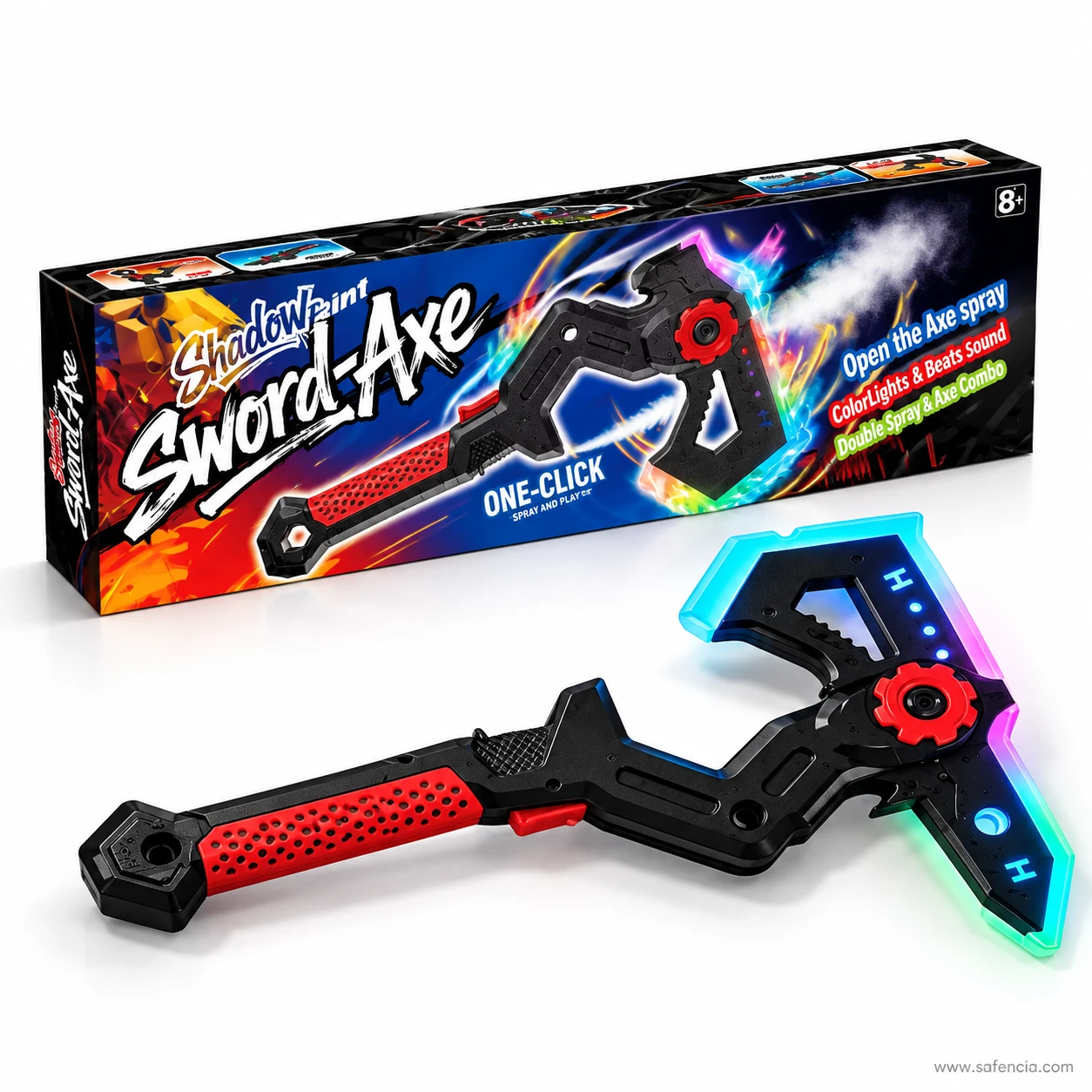Red sword axe toy lit in rainbow colours in front of its long black Sword-Axe gift box marked 8+