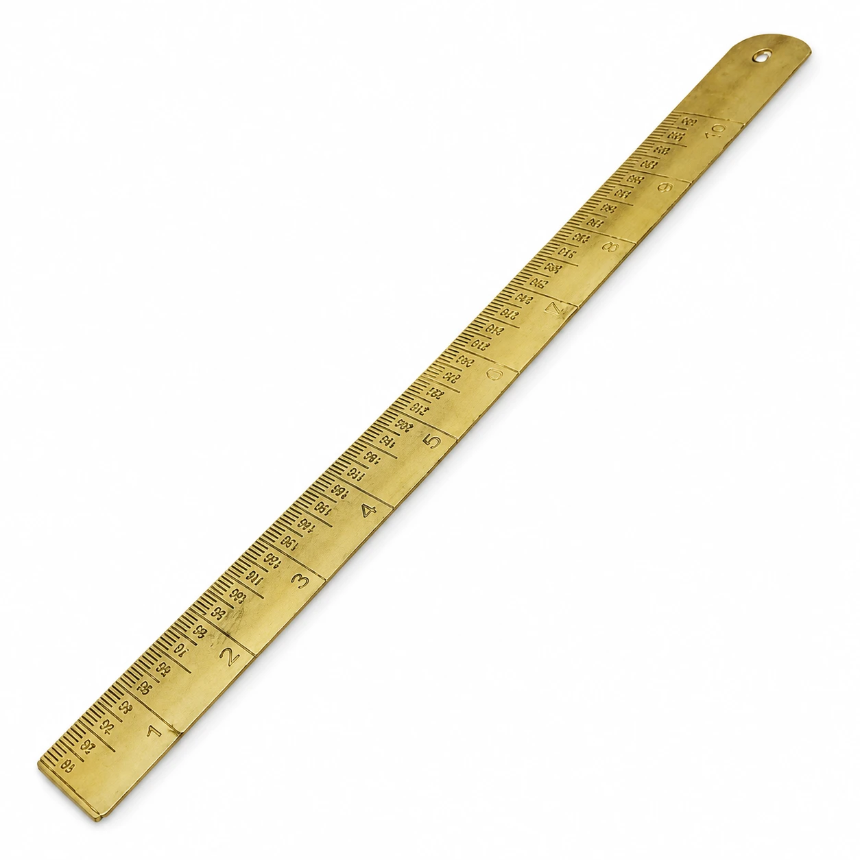 Twelve inch brass ruler with gold finish, specialist scale markings and circular storage hole