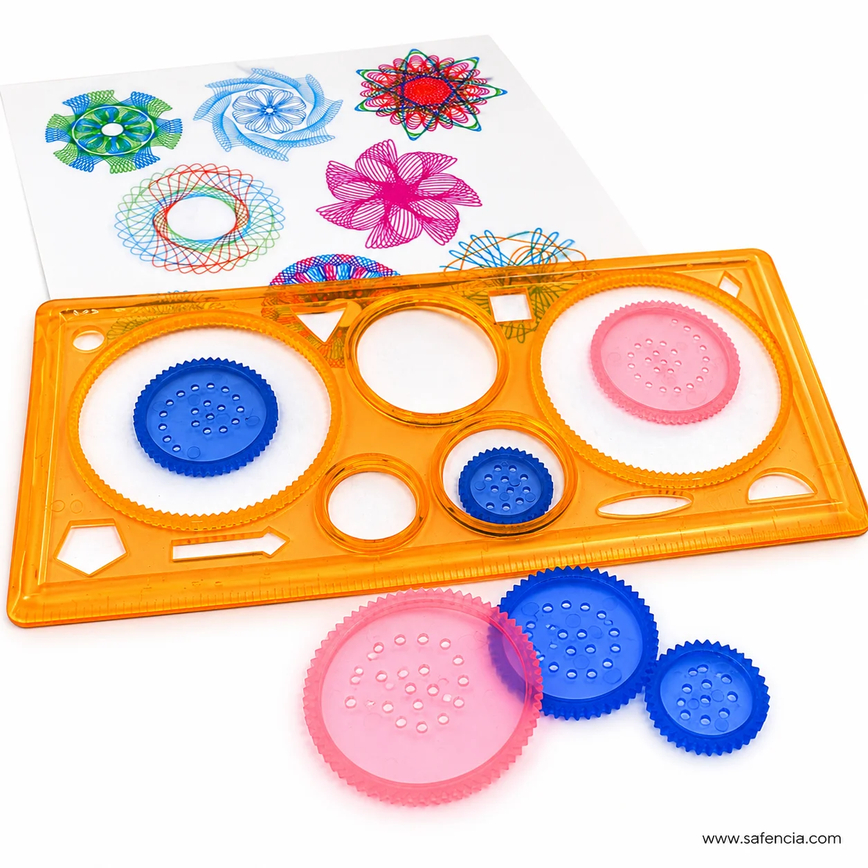 Orange drawing stencil ruler with circular guides and assorted small geometric tracing cut-outs
