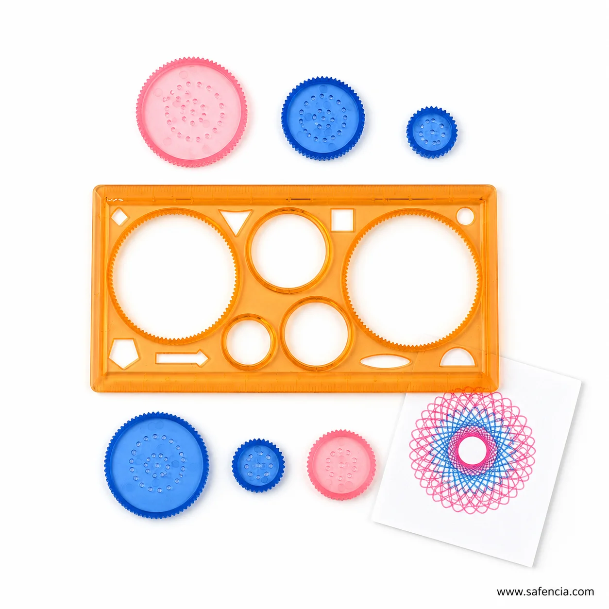 Close view of coloured toothed pattern wheels used inside an orange geometric drawing stencil
