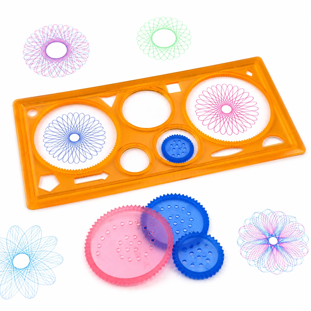 Stencil design ruler displayed beside examples of repeating rosette and geometric pencil patterns