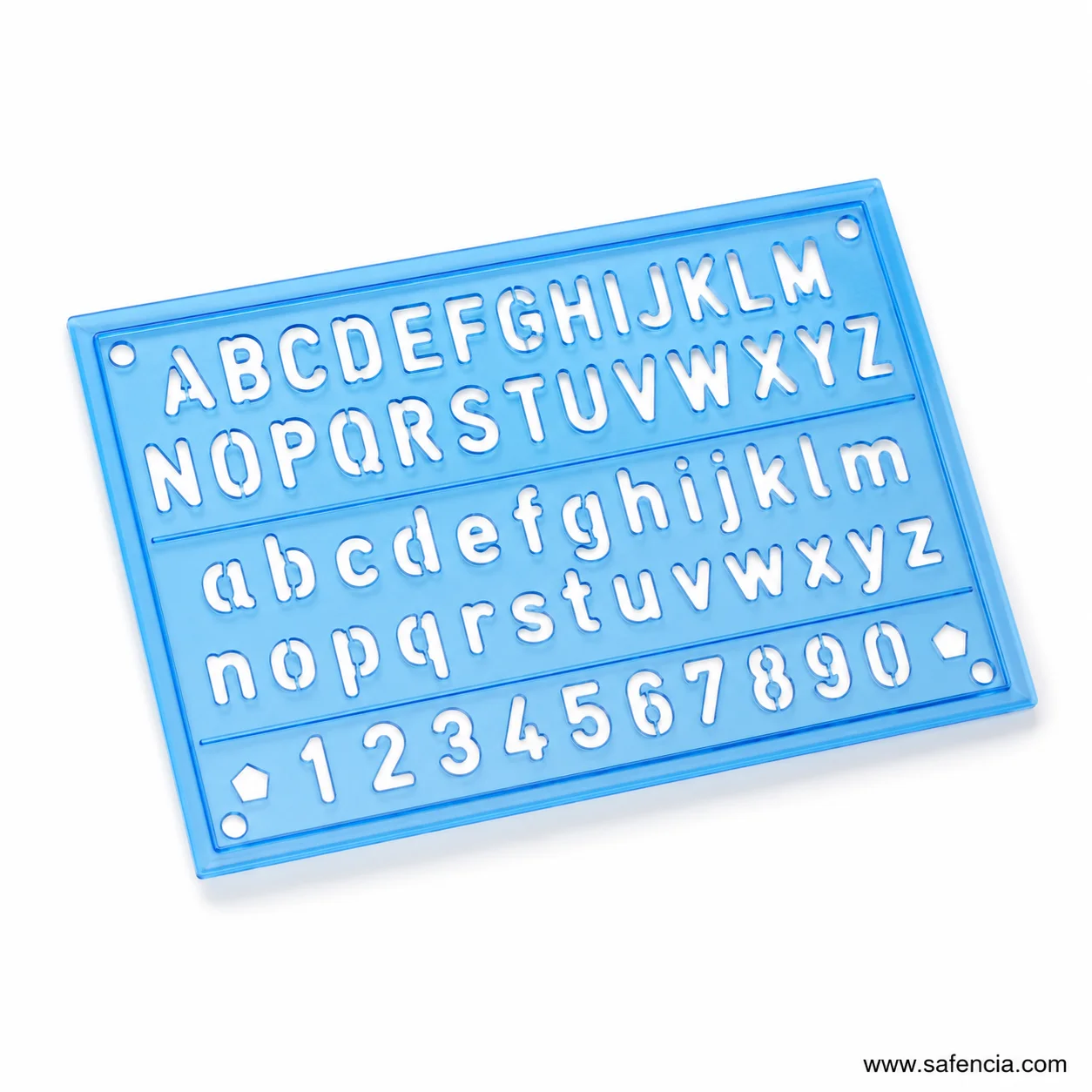 Angled blue alphabet and number stencil with uppercase lowercase and digit tracing cut-outs
