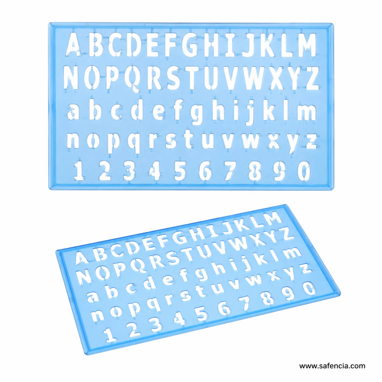 Two views of blue stencil ruler showing complete capital letters small letters and numbers zero to nine