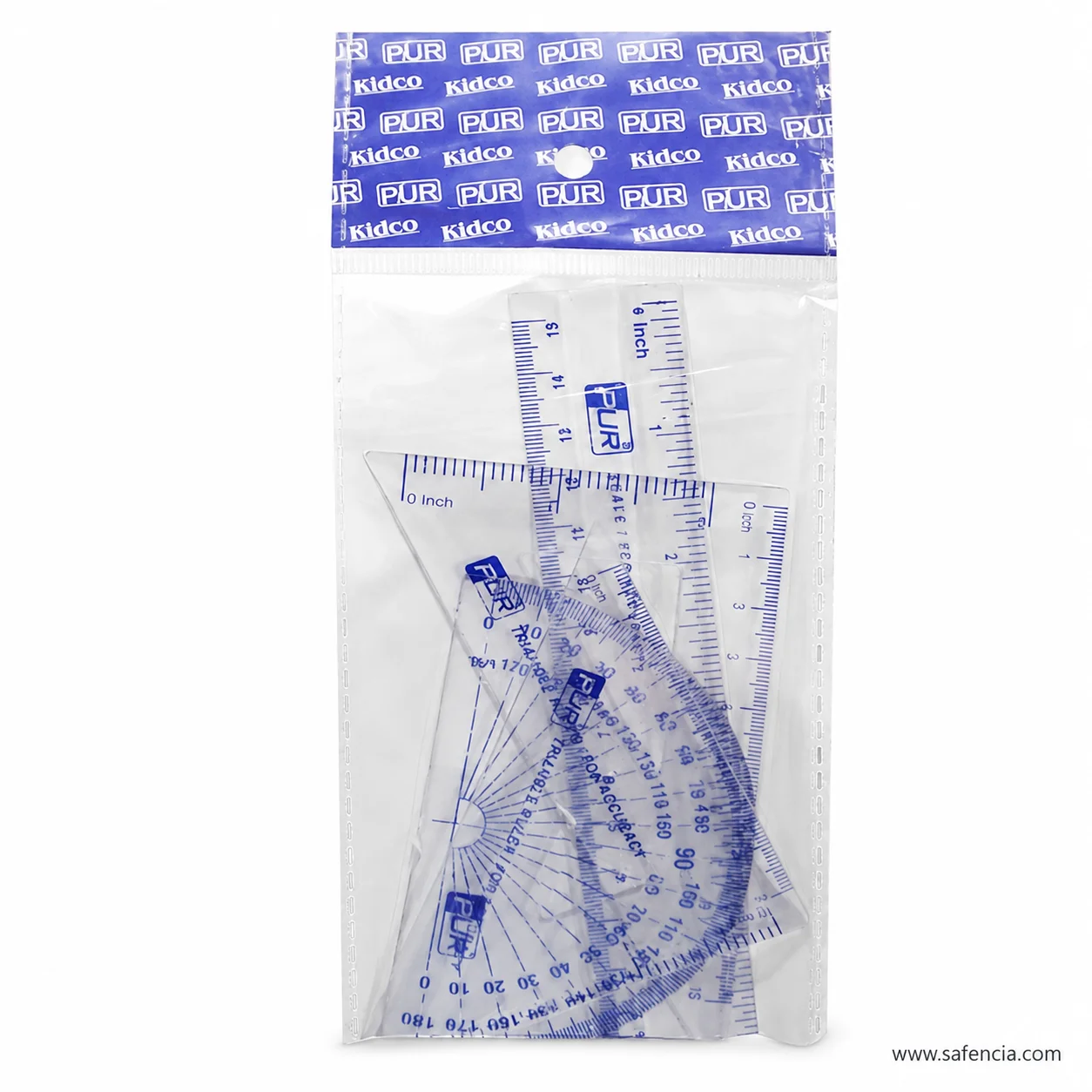 Front view of packaged PUR transparent set squares ruler and protractor with blue measurement marks