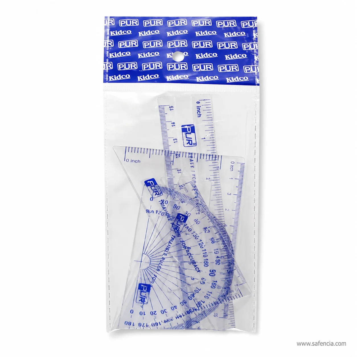 Clear PUR geometry tools showing blue ruler scales triangular edges and 0 to 180 degree protractor arc