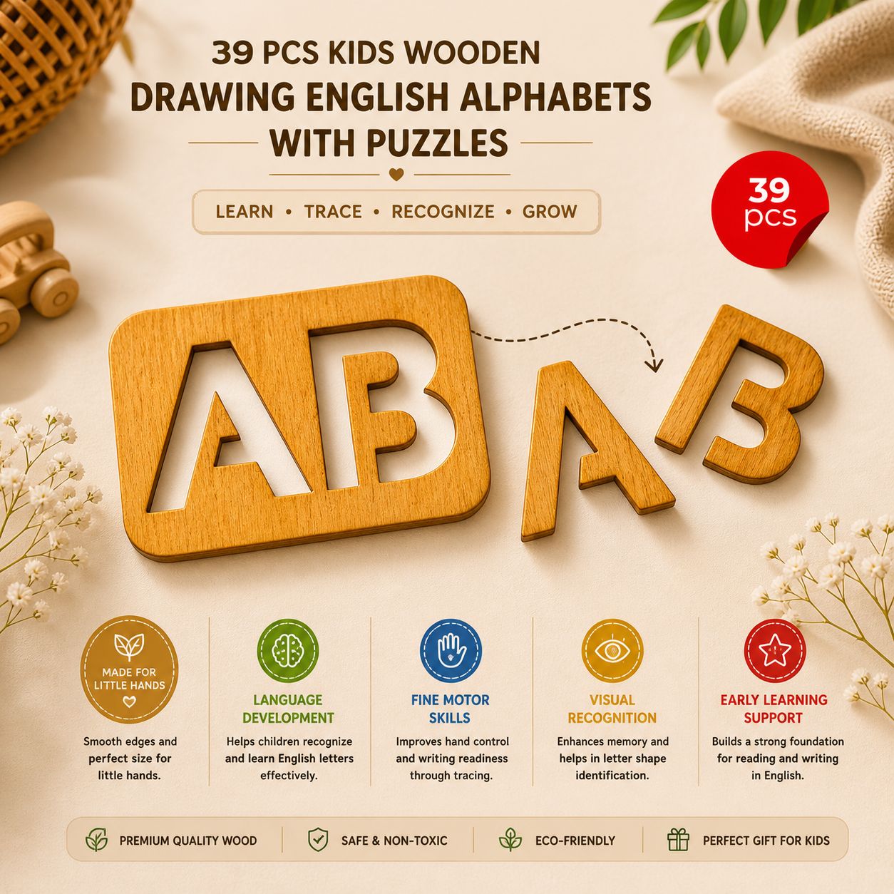 Wooden Alphabet Drawing & Puzzle Set for Kids — 39 Pcs product image 2