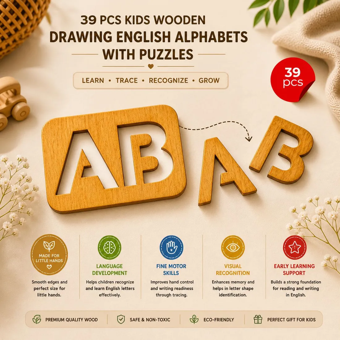 Wooden Alphabet Drawing & Puzzle Set for Kids — 39 Pcs product image 2