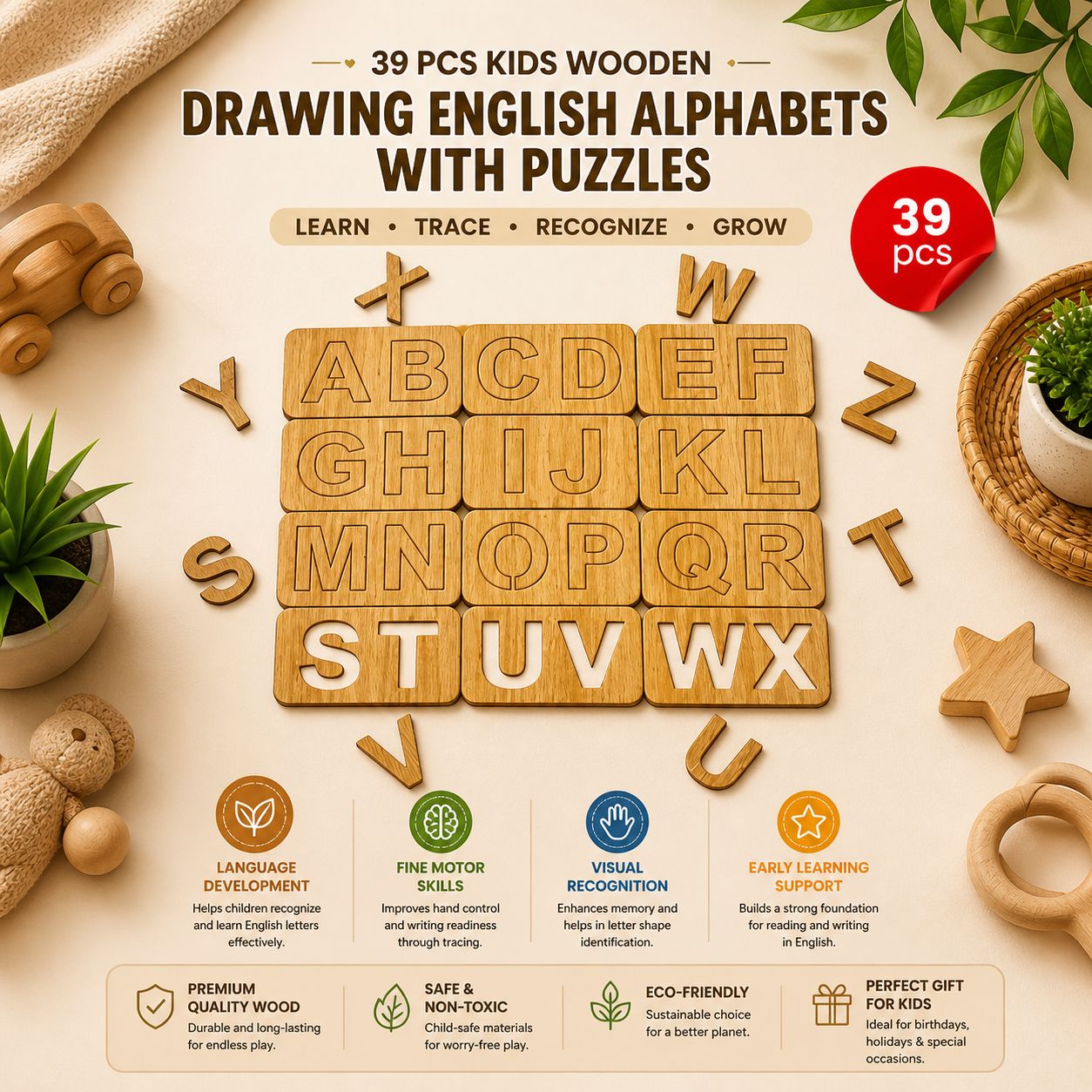 Wooden Alphabet Drawing & Puzzle Set for Kids — 39 Pcs product image 3