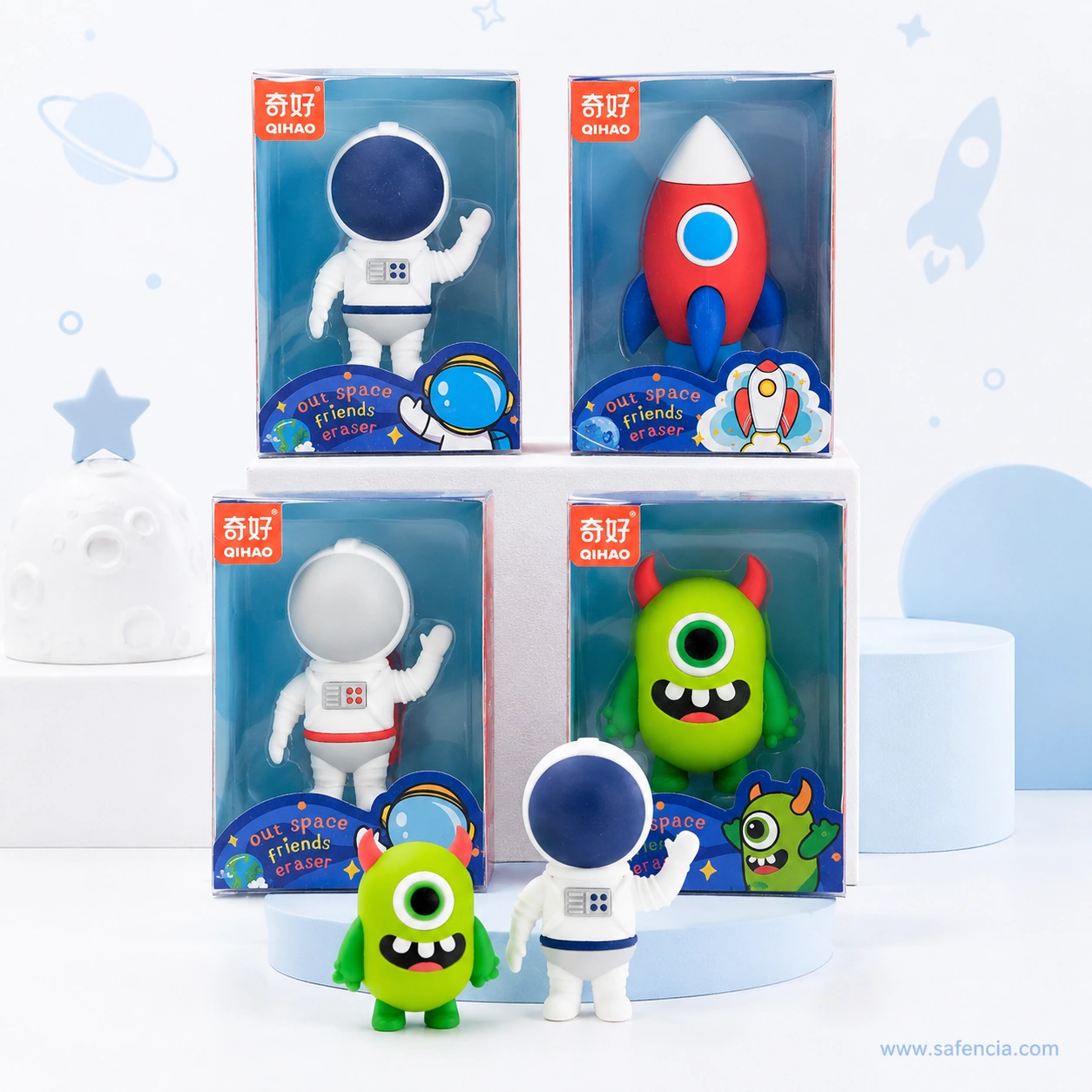 Four Qihao out space friends eraser boxes stacked with the green alien and navy-visor astronaut standing loose in front