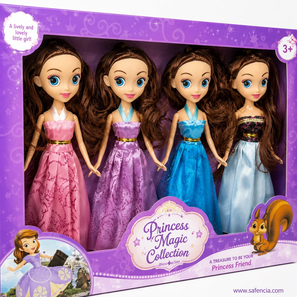 Close view of the four princess dolls in pink, lilac, turquoise and pale blue satin and lace gowns