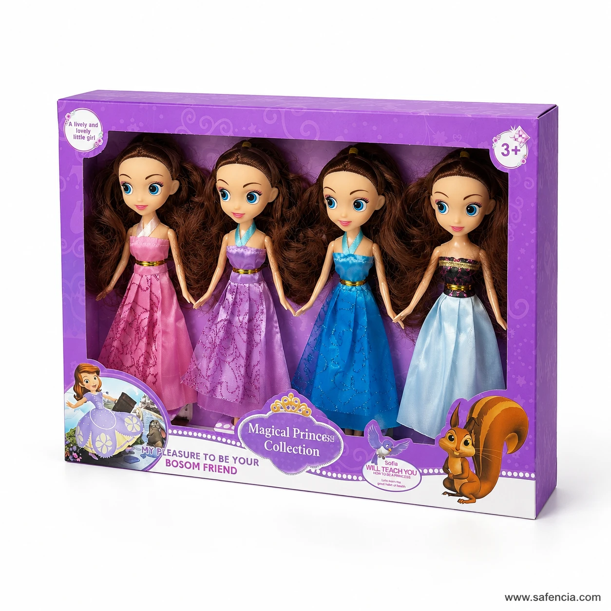 Angled view of the Princess Magic Collection doll gift box showing the printed side panel and clear window