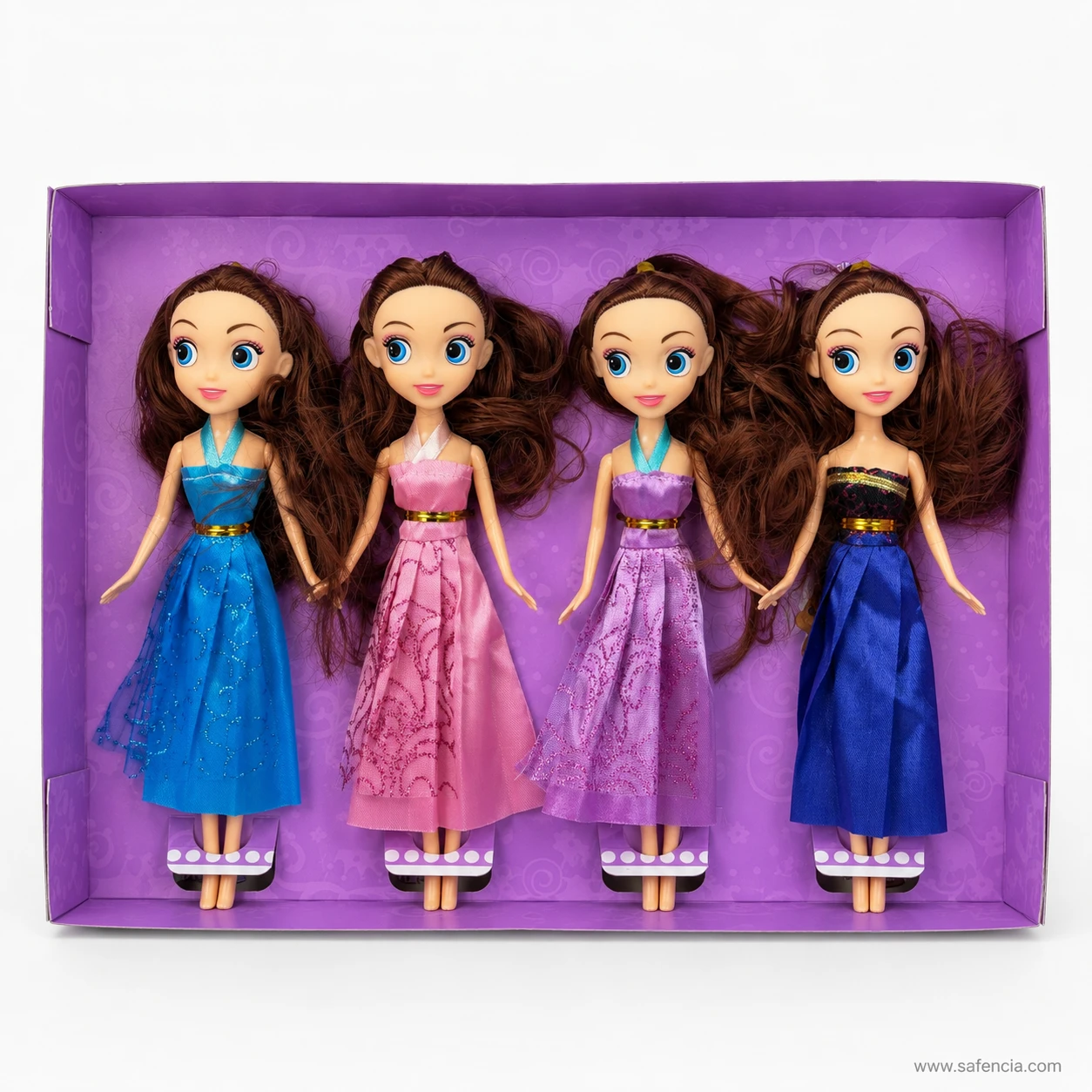 Four princess collection dolls standing in the open purple display tray with the lid removed