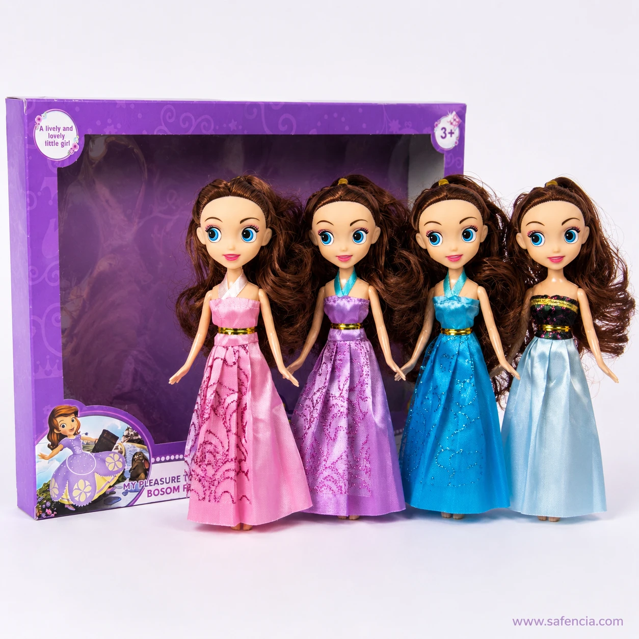 Four princess collection dolls standing outside the purple gift box next to the packaging