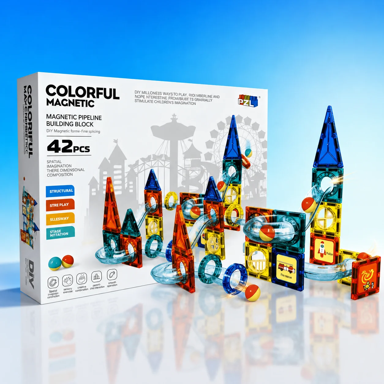 42 Pieces Magnetic Pipeline Building Blocks – Marble Run STEM Magnetic Tiles for Kids