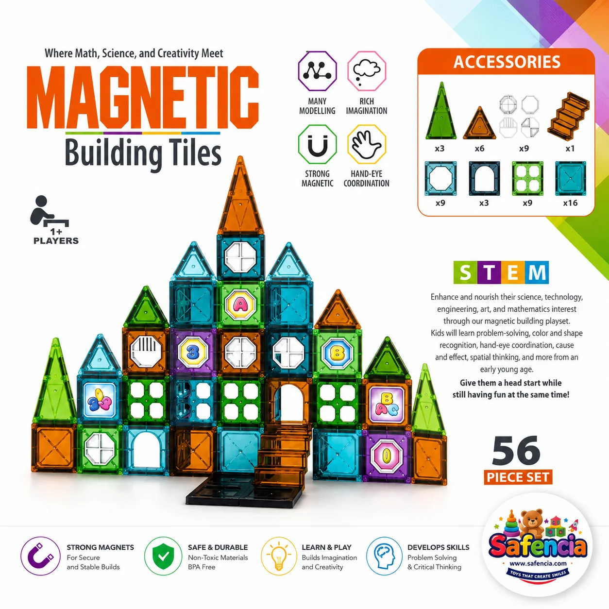 Magnetic Building Tiles 56 Pieces Set – STEM Magnetic Tiles Construction Toy for Kids