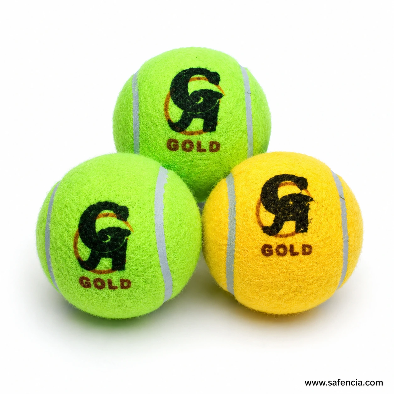 CA Gold tennis ball close up showing CA monogram logo and felt texture