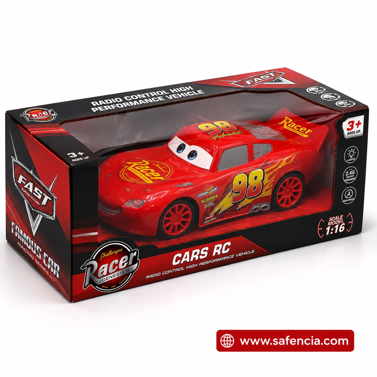 McQueen remote control car retail box showing 1:16 scale, lights and 3+ age rating
