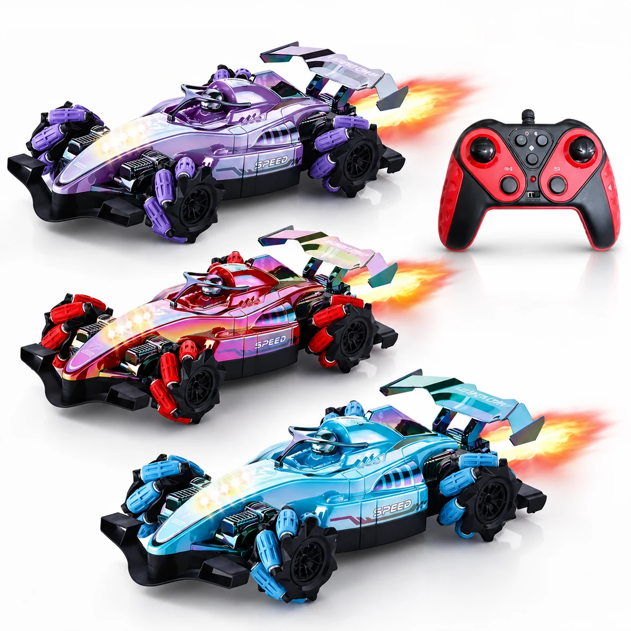 S280 futuristic race cars controller showcase with red, blue and purple stunt cars