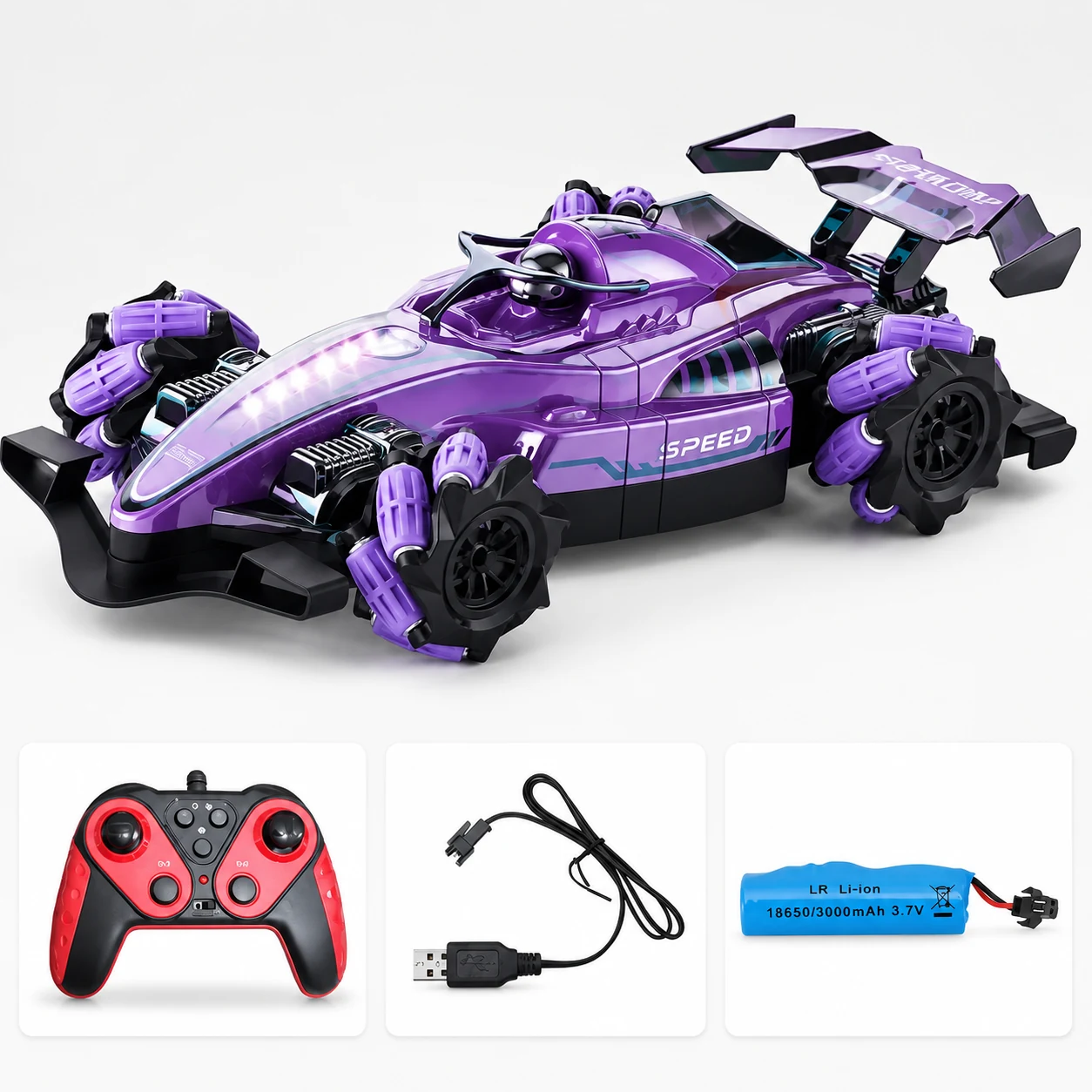 S280 futuristic RC stunt car with controller, USB charger and battery accessories