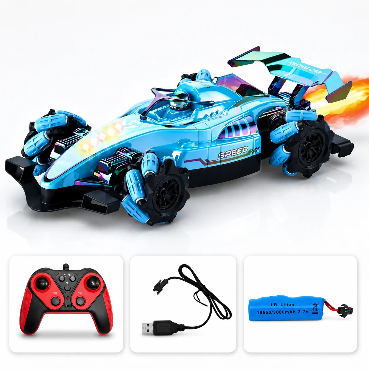 Blue S280 futuristic RC racing car showcase with controller and charging accessories