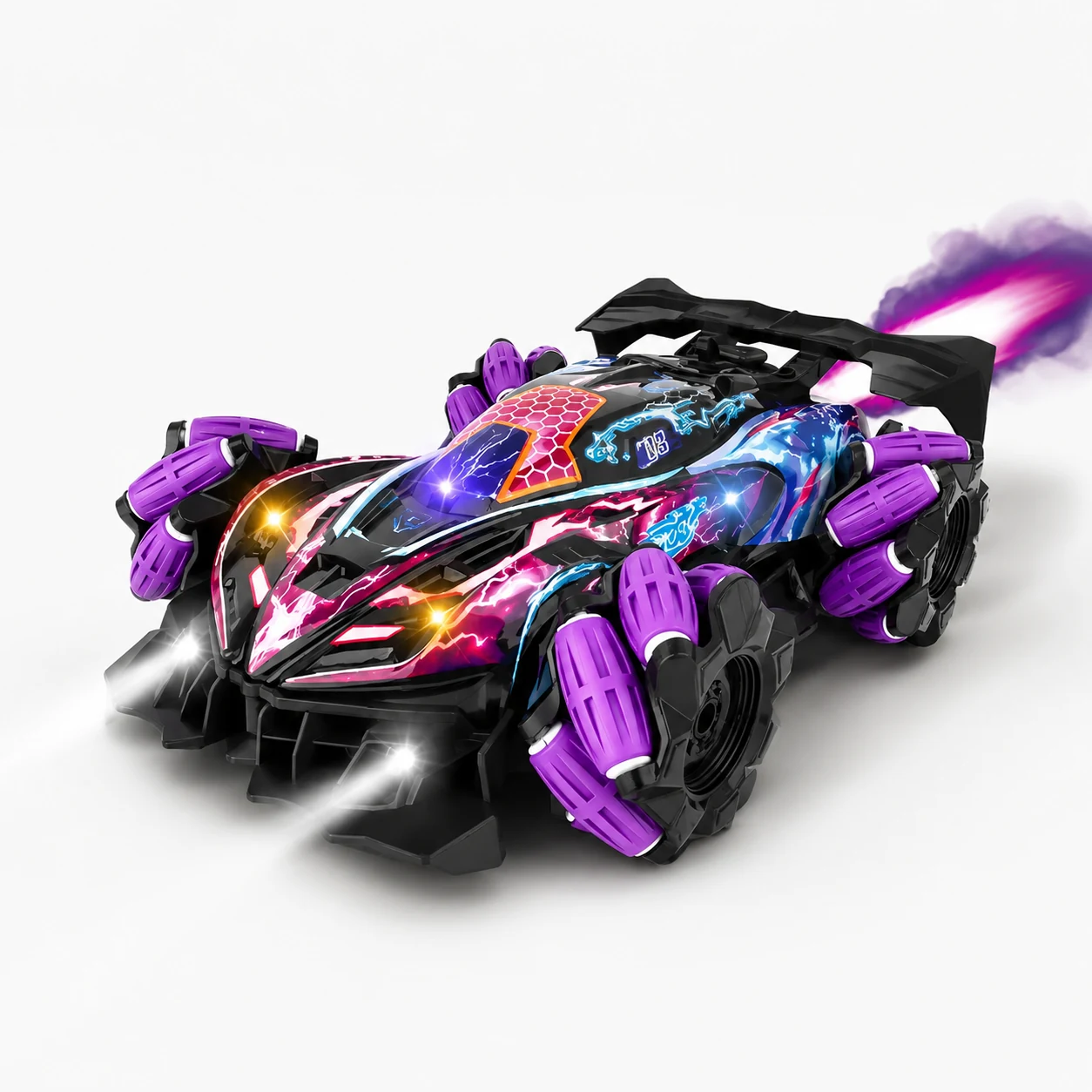 Purple S280 RC stunt drift racing car close-up with LED style body