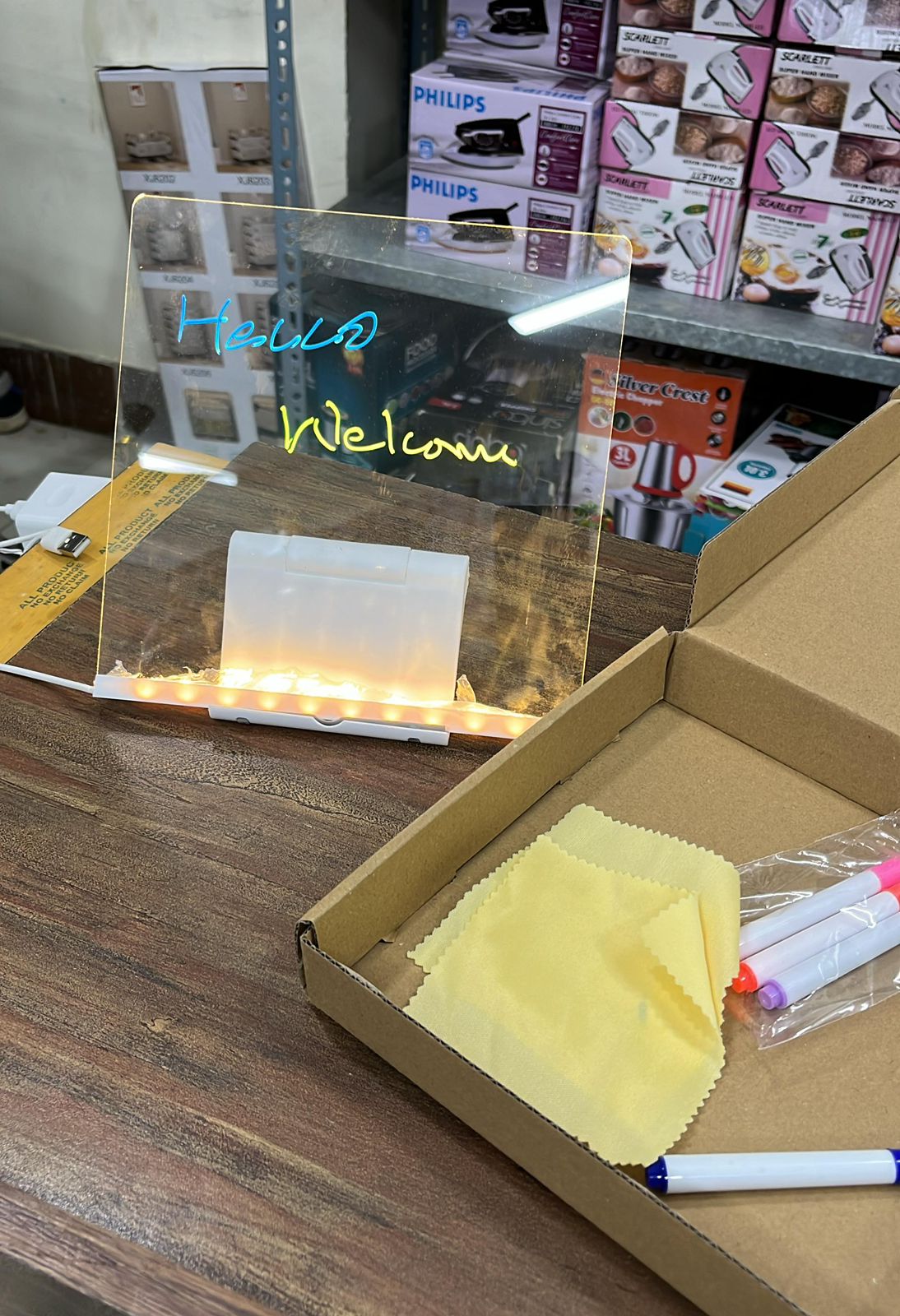 Acrylic LED Luminescent Drawing Board with neon pens glowing in the dark for kids in Pakistan