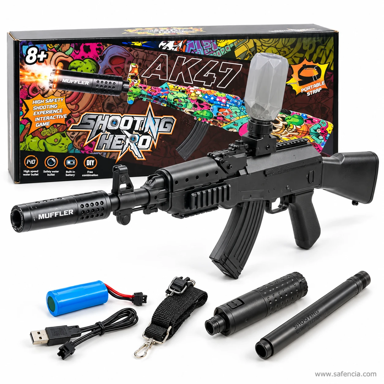 Black AK47 gel blaster with clear hopper and muffler, rechargeable battery, USB lead and strap in front of its box