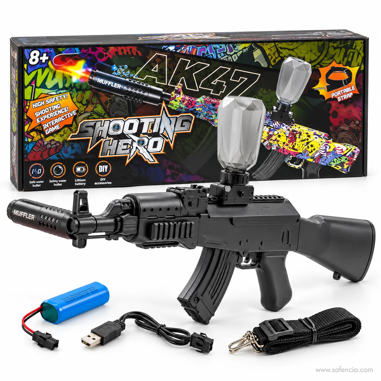 Matt black AK47 gel blaster with muffler and clear hopper in front of its box, with battery pack and USB charging cable below