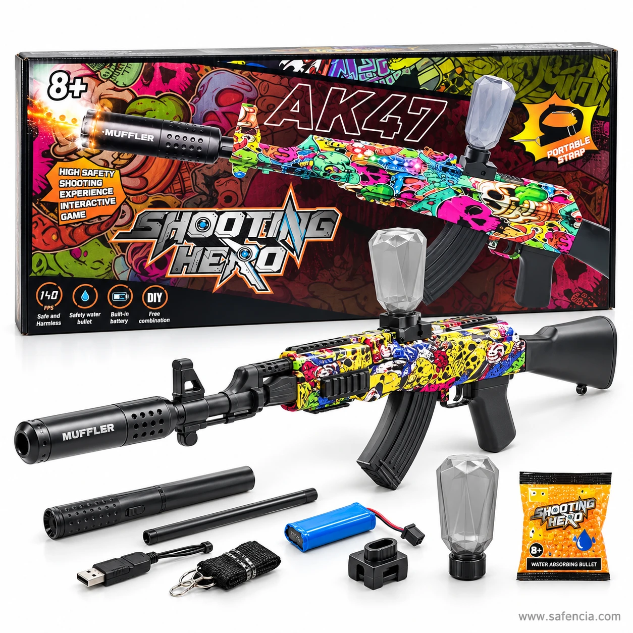 Graffiti AK47 gel blaster with muffler fitted in front of its Shooting Hero AK47 box, which is marked 8 and over