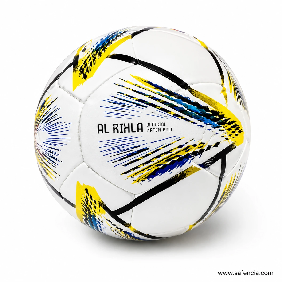 Al Rihla football at an angle showing the round size 5 shape and bold graphic design