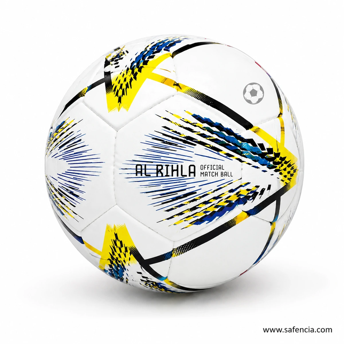 Close view of the Al Rihla football hand-stitched panels and yellow-blue graphic print