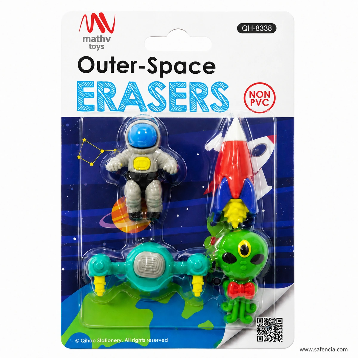 mathv toys Outer-Space Erasers blister card QH-8338 with NON PVC roundel holding the astronaut, rocket, spacecraft and alien