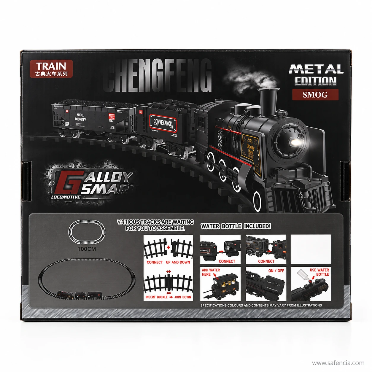 Back panel of the Alloy Smart Metal Edition train box showing the track layout diagram and the water bottle note