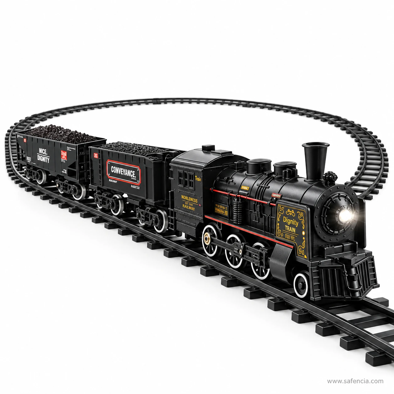Alloy Smart steam train running on its assembled oval track with the headlight lit at the front of the locomotive