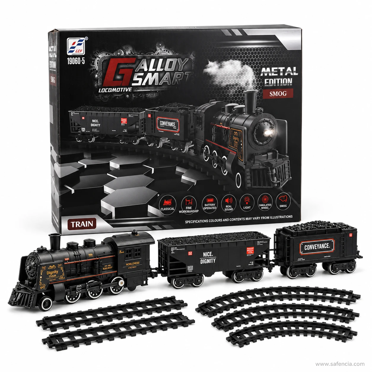 Alloy Smart Metal Edition train box beside the locomotive, two wagons and stacked curved and straight track sections