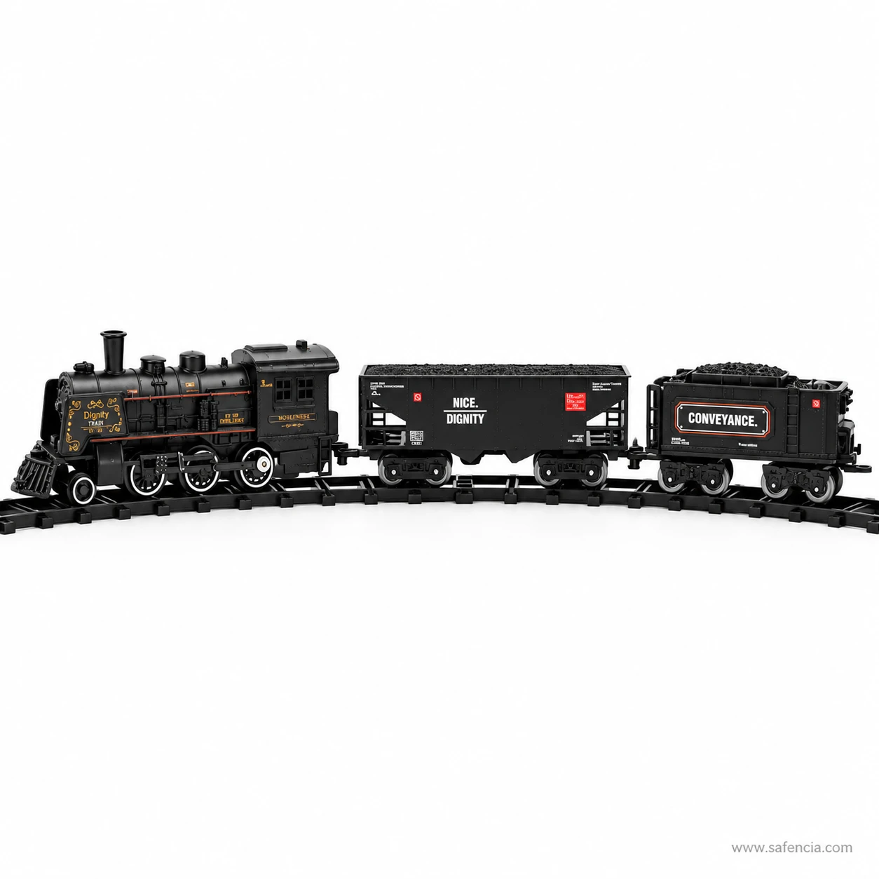 Side profile of the black Alloy Smart steam train with both freight wagons coupled behind the locomotive
