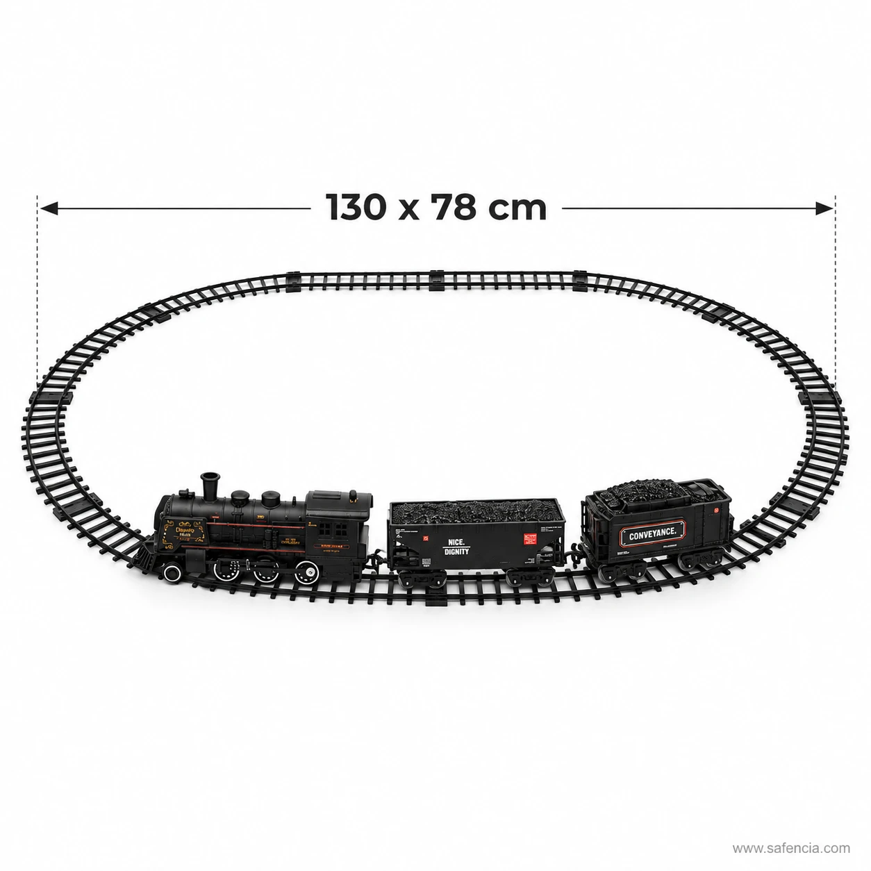 Assembled oval of black track measured on the photograph at 130 by 78 centimetres with the train standing on it
