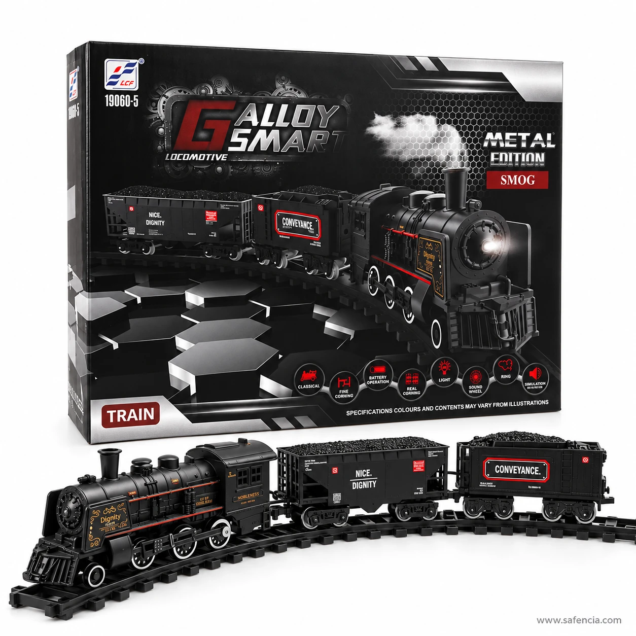 Alloy Smart train set displayed in front of its box with curved track sections fanned out beneath the vehicles