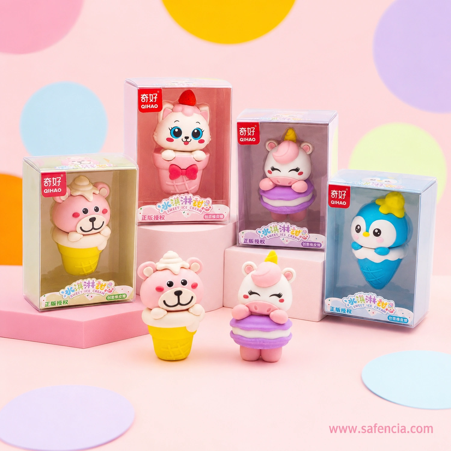 Five Qihao Sweet Ice Cream eraser boxes arranged on pastel blocks with the bear and unicorn figures standing loose in front